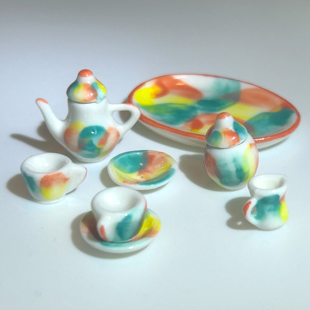 Mini Micro Cute tea set tiny 10 piece Mod Watercolors abstract China